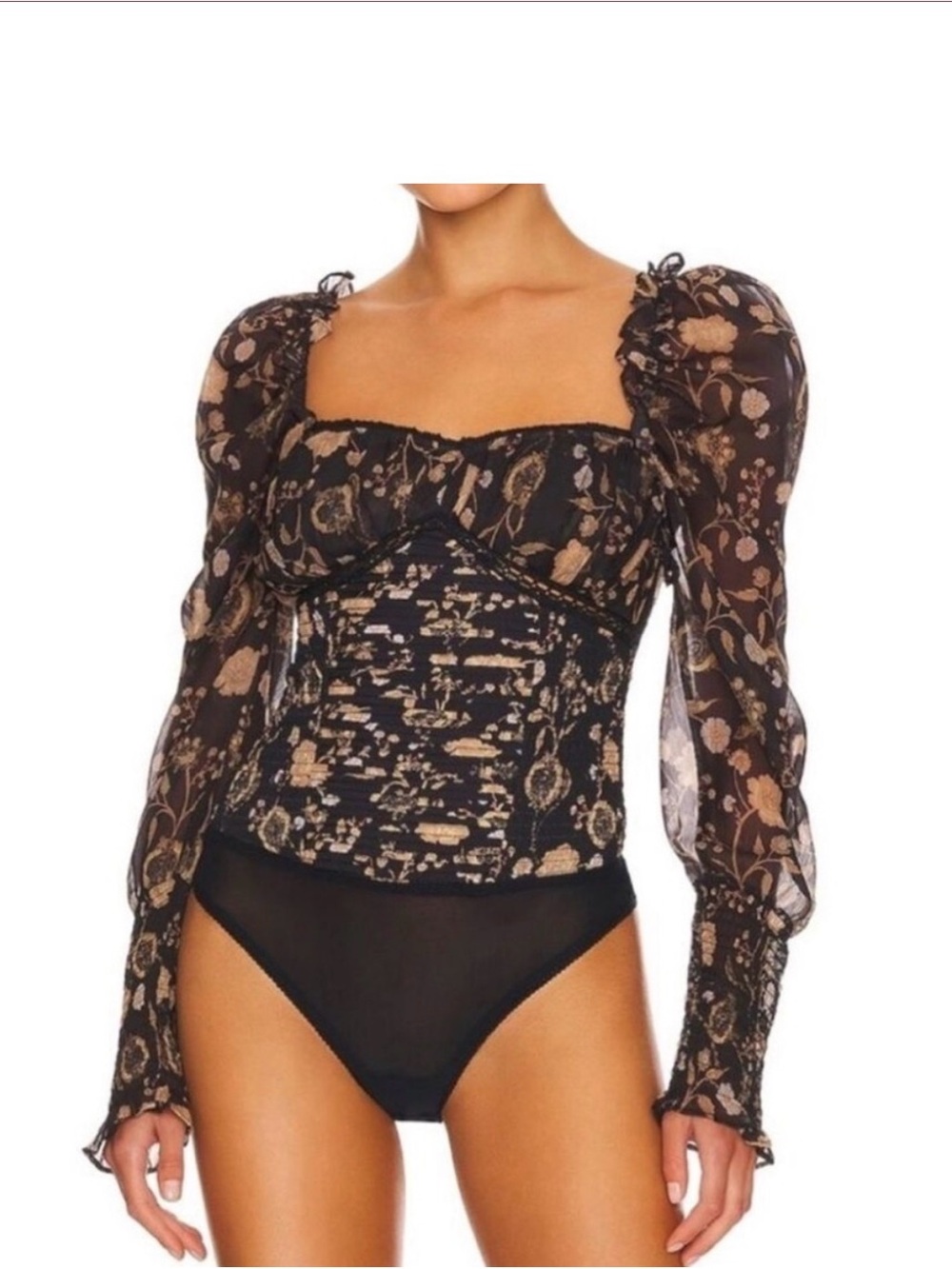 Free People Black Floral Puff-Sleeve Square Neck Blouse. Medium